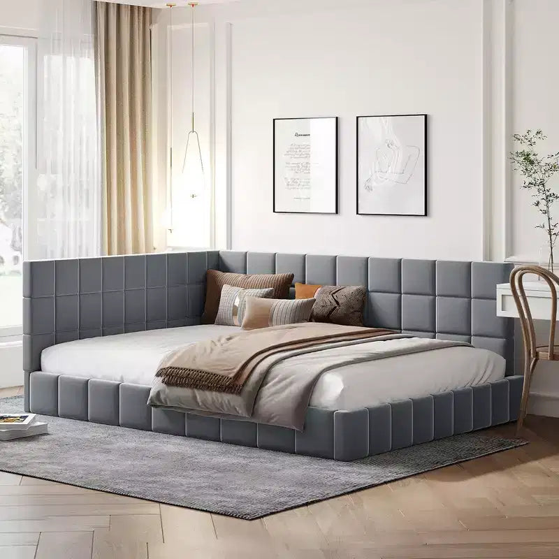Divano letto in velluto beige/grigio con schienale, matrimoniale, per 1-2 persone