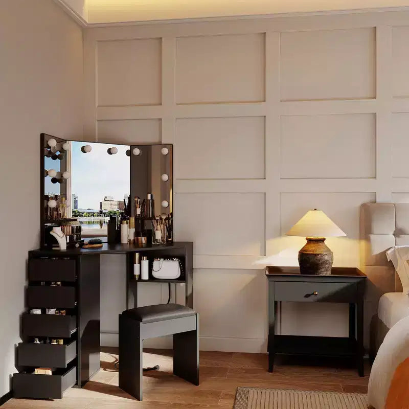 Toeletta angolare nera/marrone/bianca con sgabello e specchio LED, 1 persona