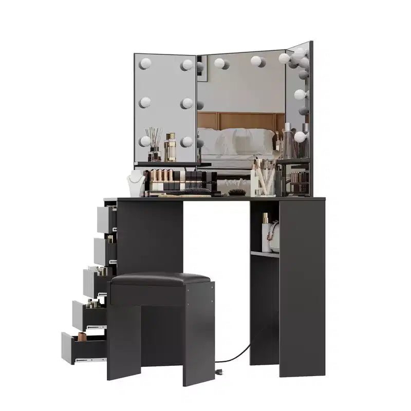 Toeletta angolare nera/marrone/bianca con sgabello e specchio LED, 1 persona