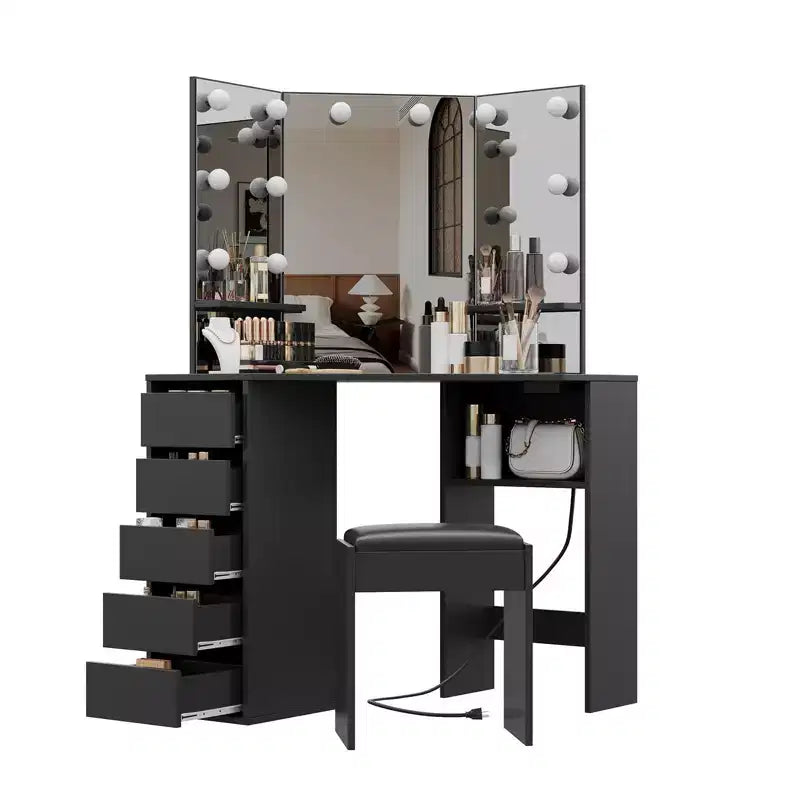 Toeletta angolare nera/marrone/bianca con sgabello e specchio LED, 1 persona