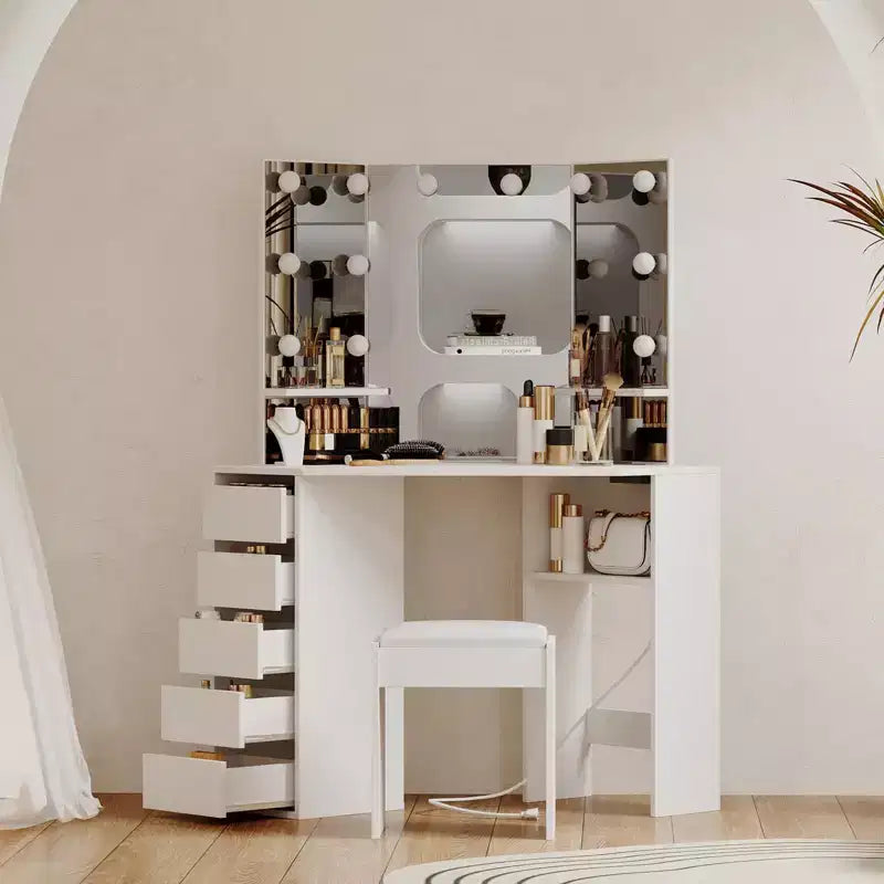 Toeletta angolare nera/marrone/bianca con sgabello e specchio LED, 1 persona