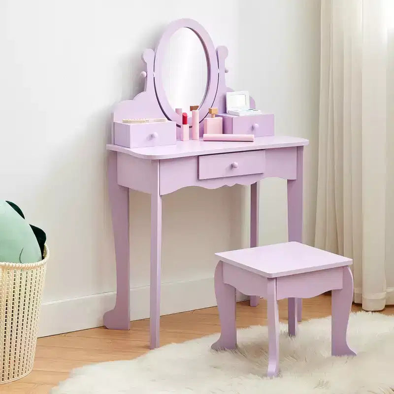 Set da trucco per bambini rosa/viola/bianco con specchio e sgabello – Per 1 bambino, età 4-10 anni