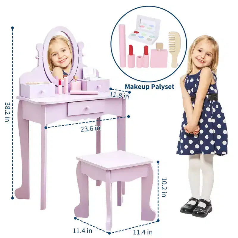 Set da trucco per bambini rosa/viola/bianco con specchio e sgabello – Per 1 bambino, età 4-10 anni