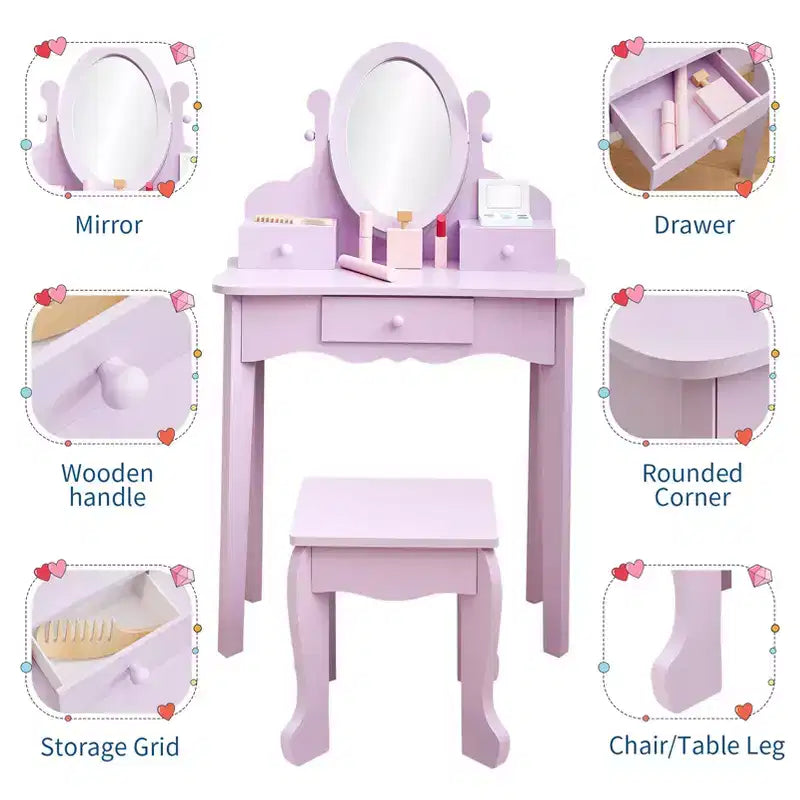 Set da trucco per bambini rosa/viola/bianco con specchio e sgabello – Per 1 bambino, età 4-10 anni