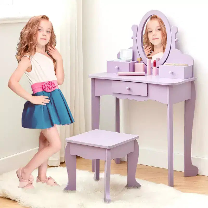 Set da trucco per bambini rosa/viola/bianco con specchio e sgabello – Per 1 bambino, età 4-10 anni