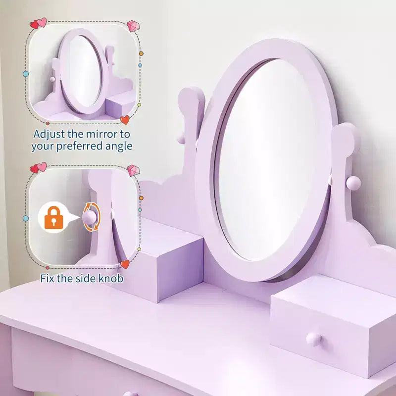 Set da trucco per bambini rosa/viola/bianco con specchio e sgabello – Per 1 bambino, età 4-10 anni
