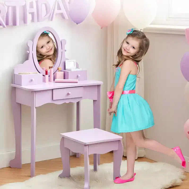 Set da trucco per bambini rosa/viola/bianco con specchio e sgabello – Per 1 bambino, età 4-10 anni