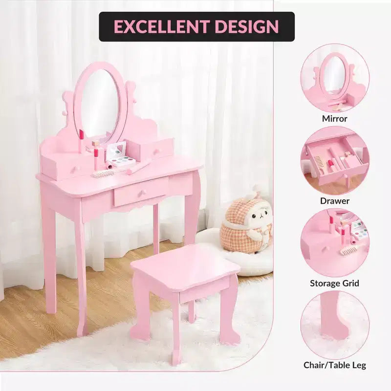 Set da trucco per bambini rosa/viola/bianco con specchio e sgabello – Per 1 bambino, età 4-10 anni