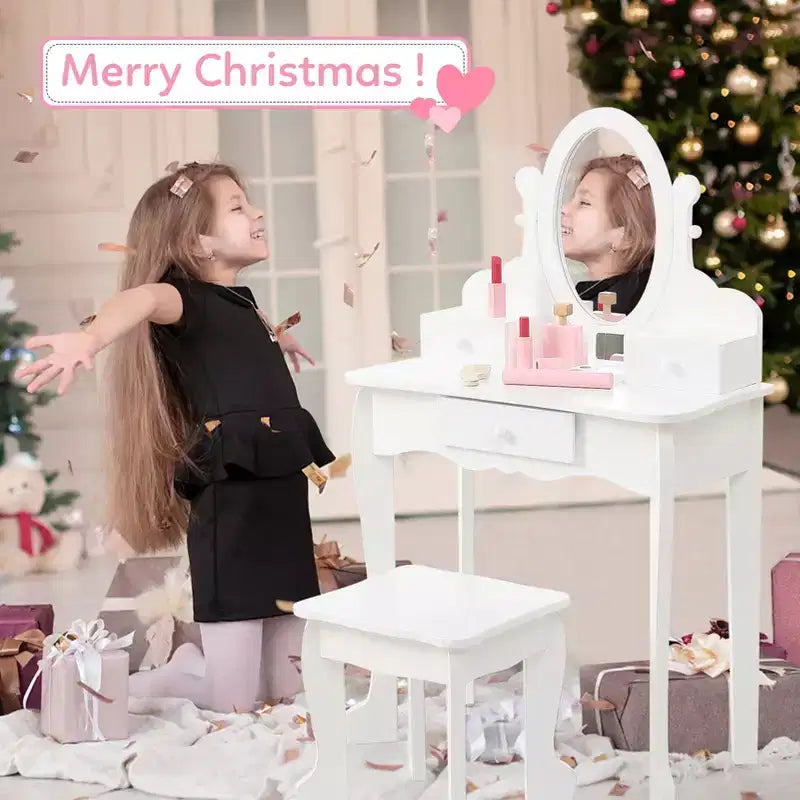 Set da trucco per bambini rosa/viola/bianco con specchio e sgabello – Per 1 bambino, età 4-10 anni