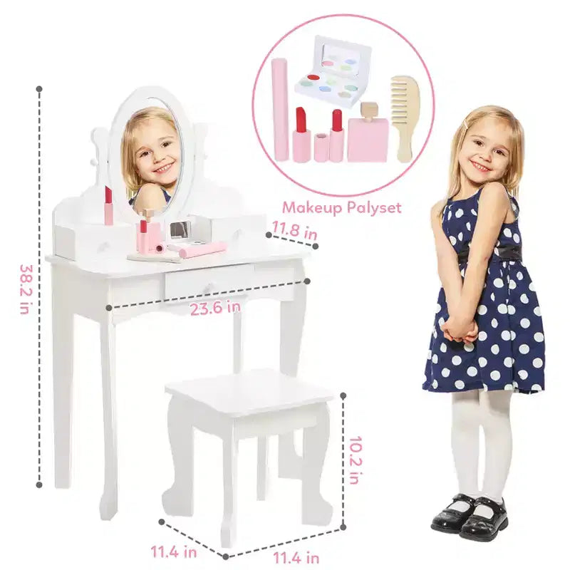 Set da trucco per bambini rosa/viola/bianco con specchio e sgabello – Per 1 bambino, età 4-10 anni