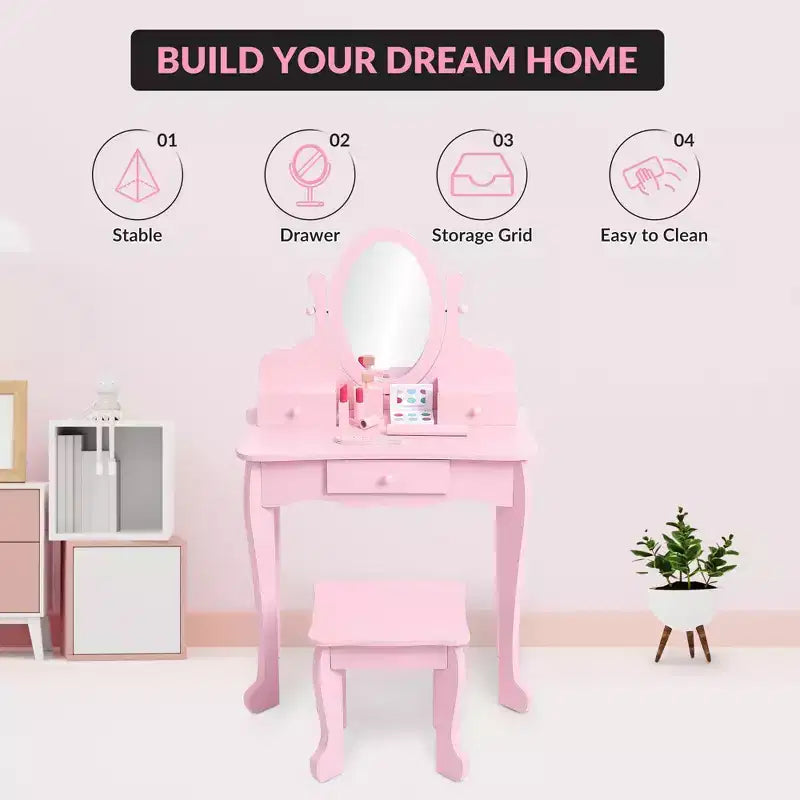 Set da trucco per bambini rosa/viola/bianco con specchio e sgabello – Per 1 bambino, età 4-10 anni