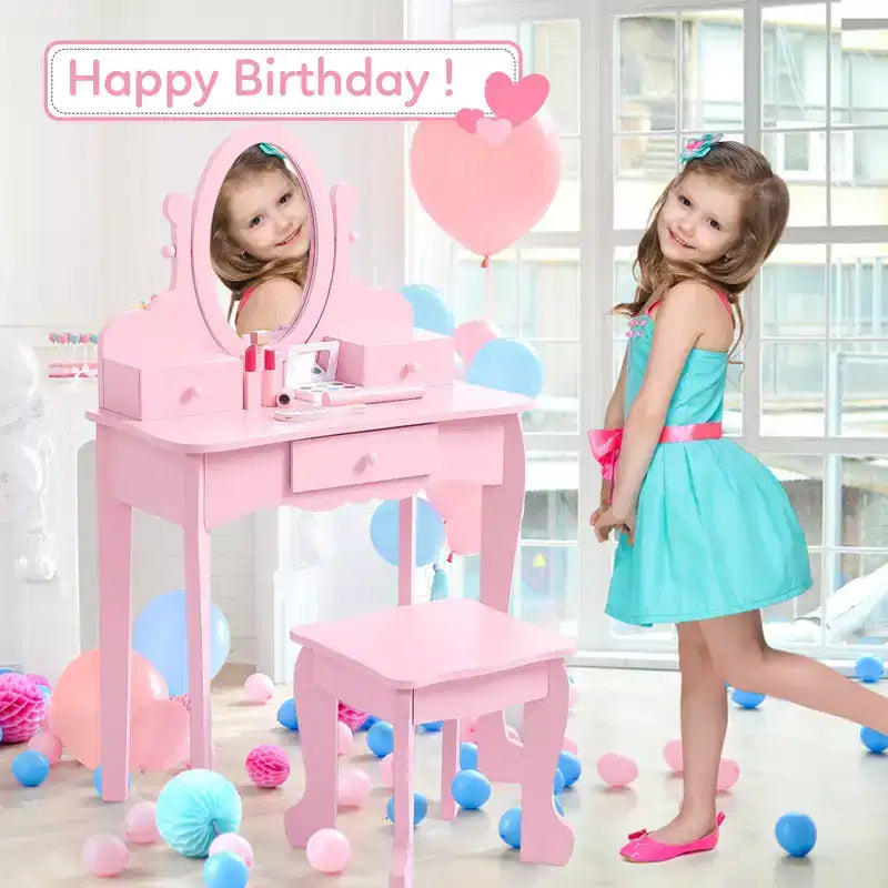 Set da trucco per bambini rosa/viola/bianco con specchio e sgabello – Per 1 bambino, età 4-10 anni