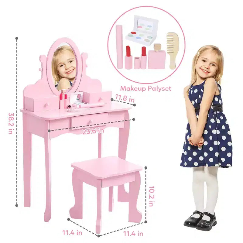 Set da trucco per bambini rosa/viola/bianco con specchio e sgabello – Per 1 bambino, età 4-10 anni