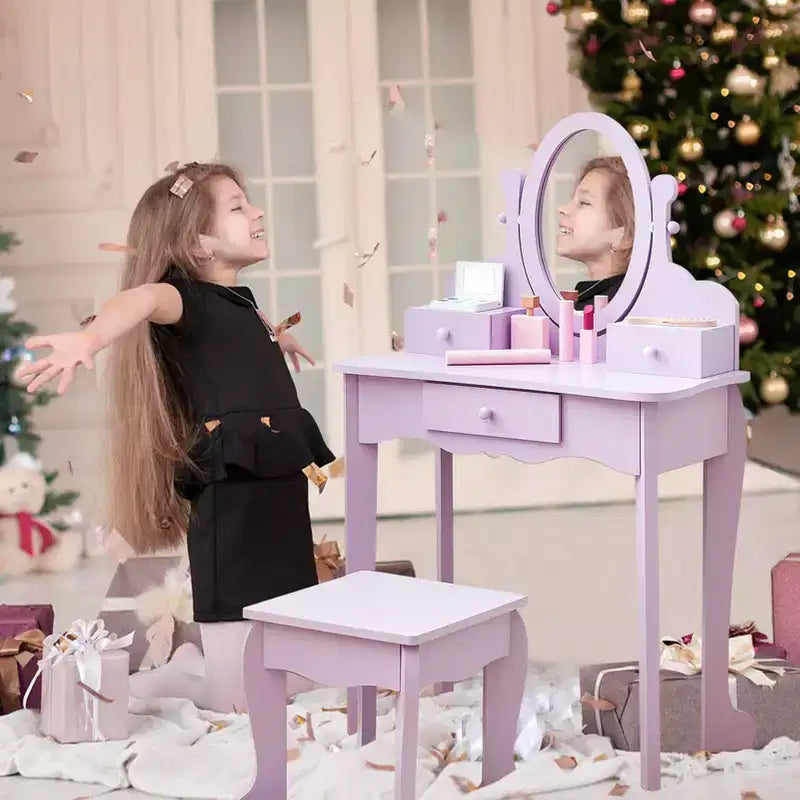 Set da trucco per bambini rosa/viola/bianco con specchio e sgabello – Per 1 bambino, età 4-10 anni