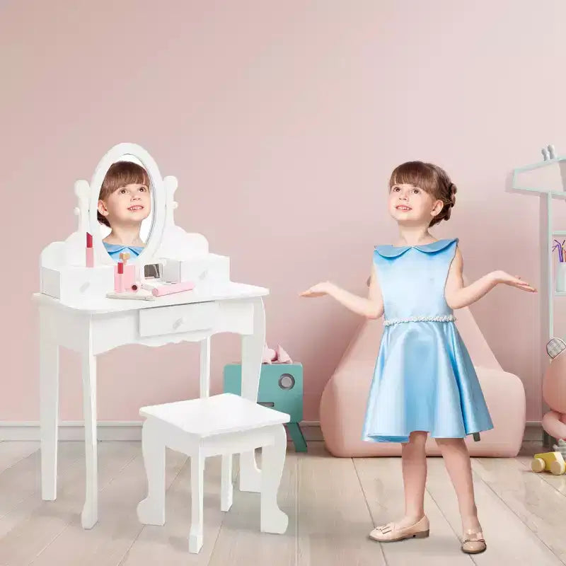 Set da trucco per bambini rosa/viola/bianco con specchio e sgabello – Per 1 bambino, età 4-10 anni
