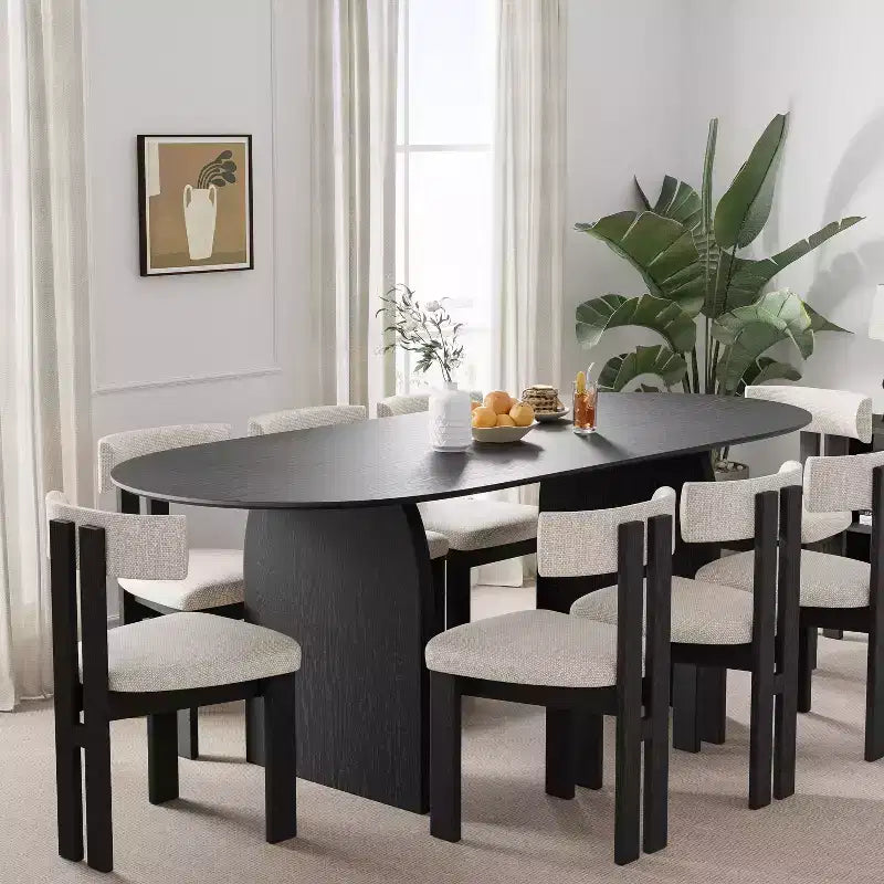 Tavolo da pranzo ovale nero in legno massello, a doppio piedistallo, 8 posti