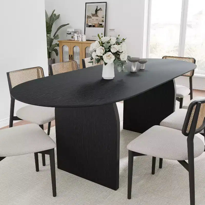 Tavolo da pranzo ovale nero in legno massello, a doppio piedistallo, 8 posti
