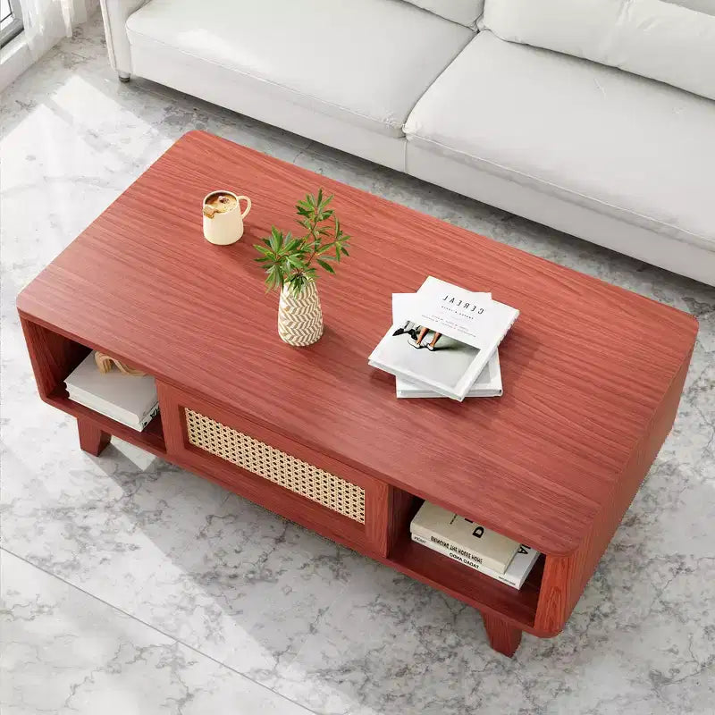 Tavolino da Caffè Rettangolare Rosso con Cassetto in Rattan, 1 Posto, Struttura in MDF
