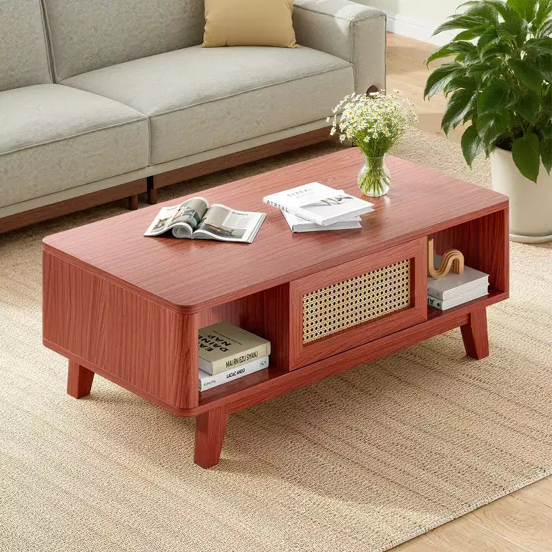 Tavolino da Caffè Rettangolare Rosso con Cassetto in Rattan, 1 Posto, Struttura in MDF