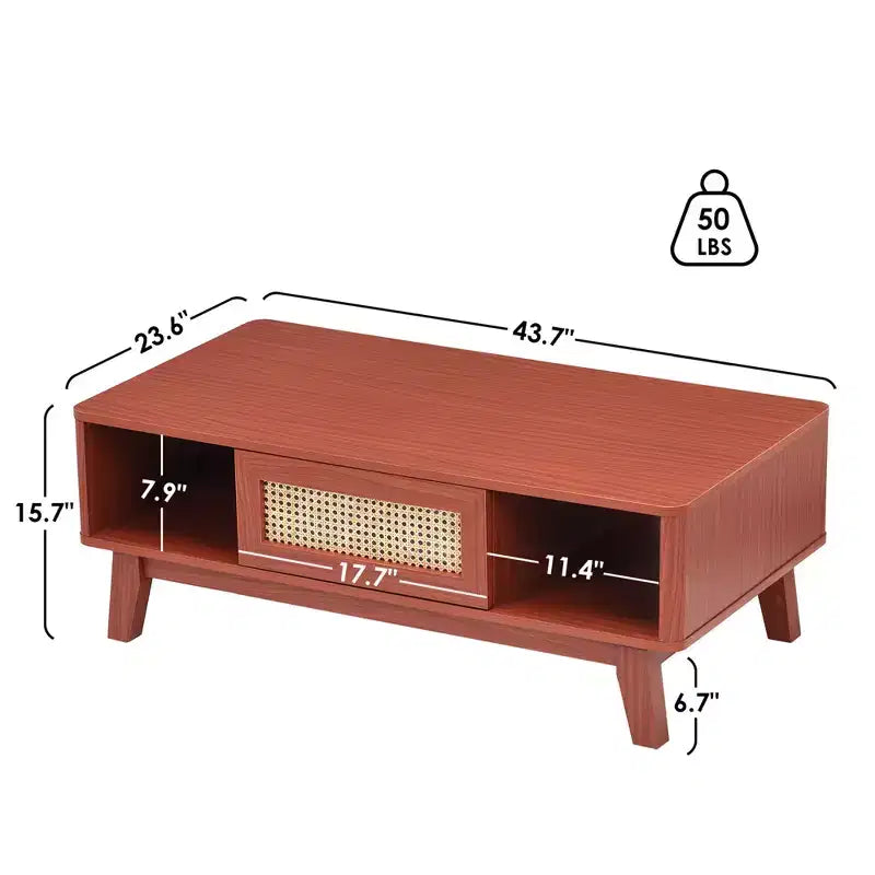 Tavolino da Caffè Rettangolare Rosso con Cassetto in Rattan, 1 Posto, Struttura in MDF
