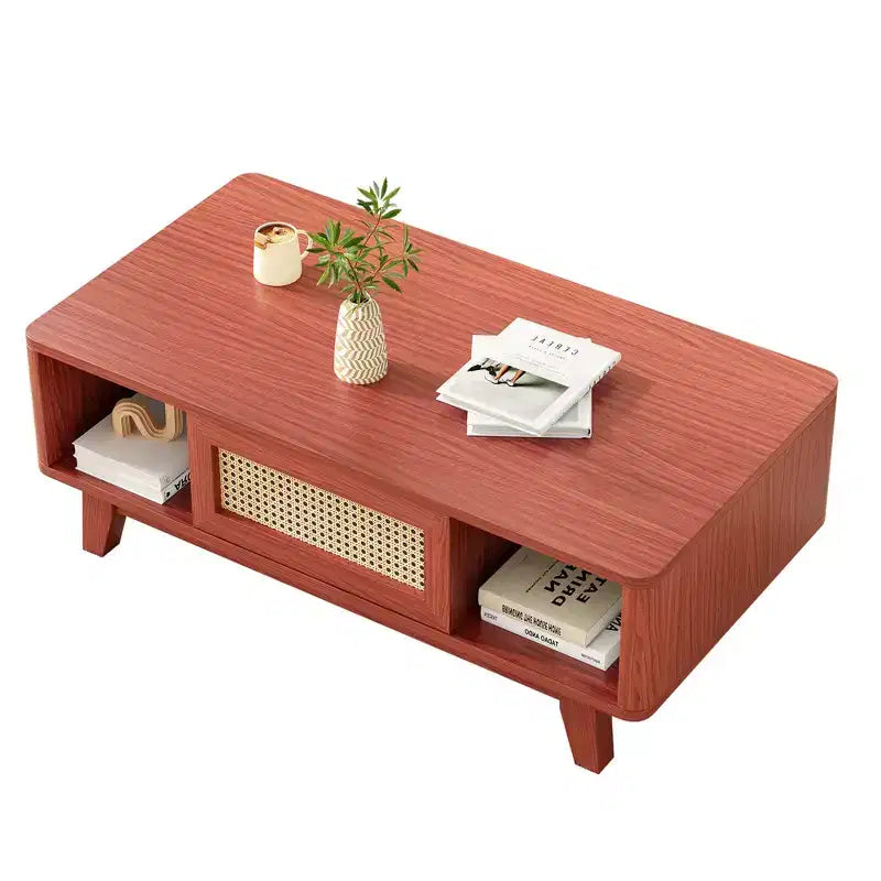 Tavolino da Caffè Rettangolare Rosso con Cassetto in Rattan, 1 Posto, Struttura in MDF