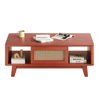 Tavolino da Caffè Rettangolare Rosso con Cassetto in Rattan, 1 Posto, Struttura in MDF