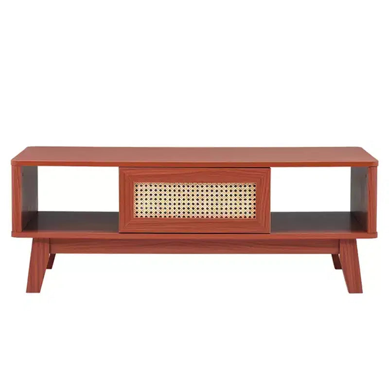 Tavolino da Caffè Rettangolare Rosso con Cassetto in Rattan, 1 Posto, Struttura in MDF