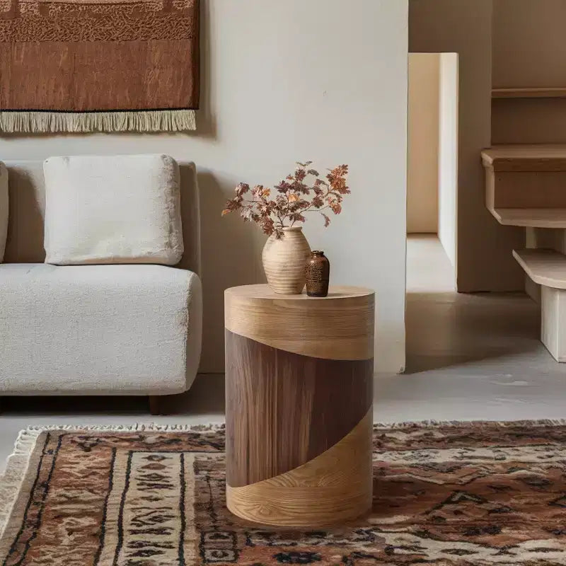 Tavolino Rotondo Marrone, Venatura del Legno Bicolore, Tavolino Moderno per 1