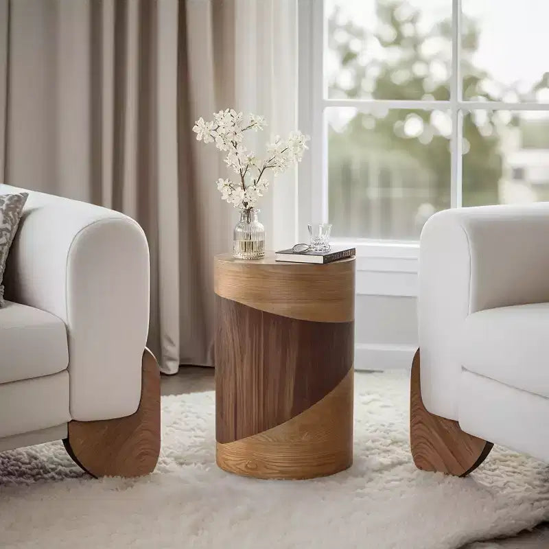 Tavolino Rotondo Marrone, Venatura del Legno Bicolore, Tavolino Moderno per 1