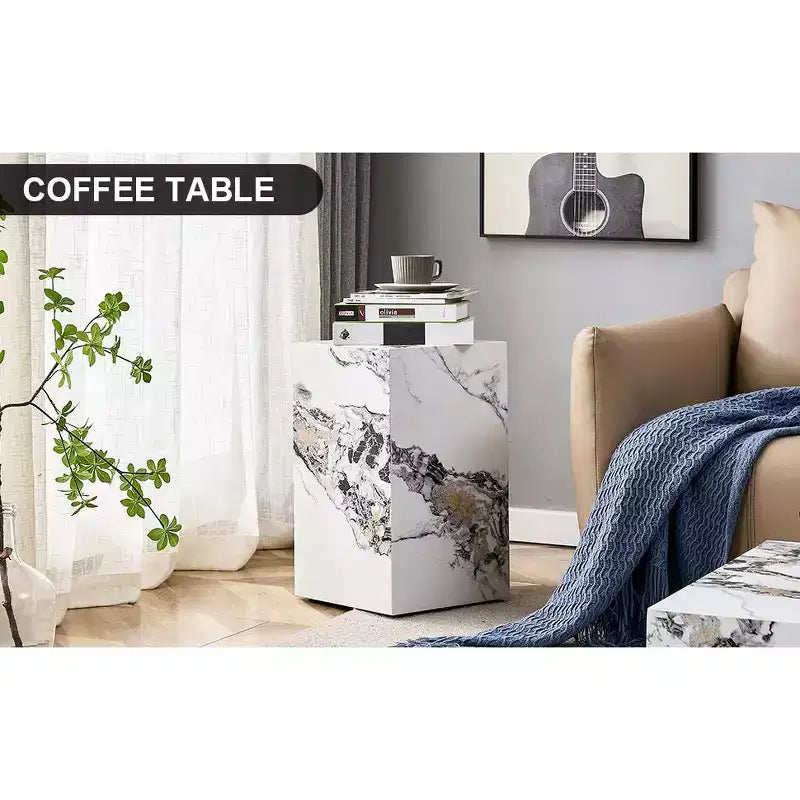 Tavolino Rotondo con Piano Effetto Marmo Bianco, Base a Piedistallo, per 1 Persona