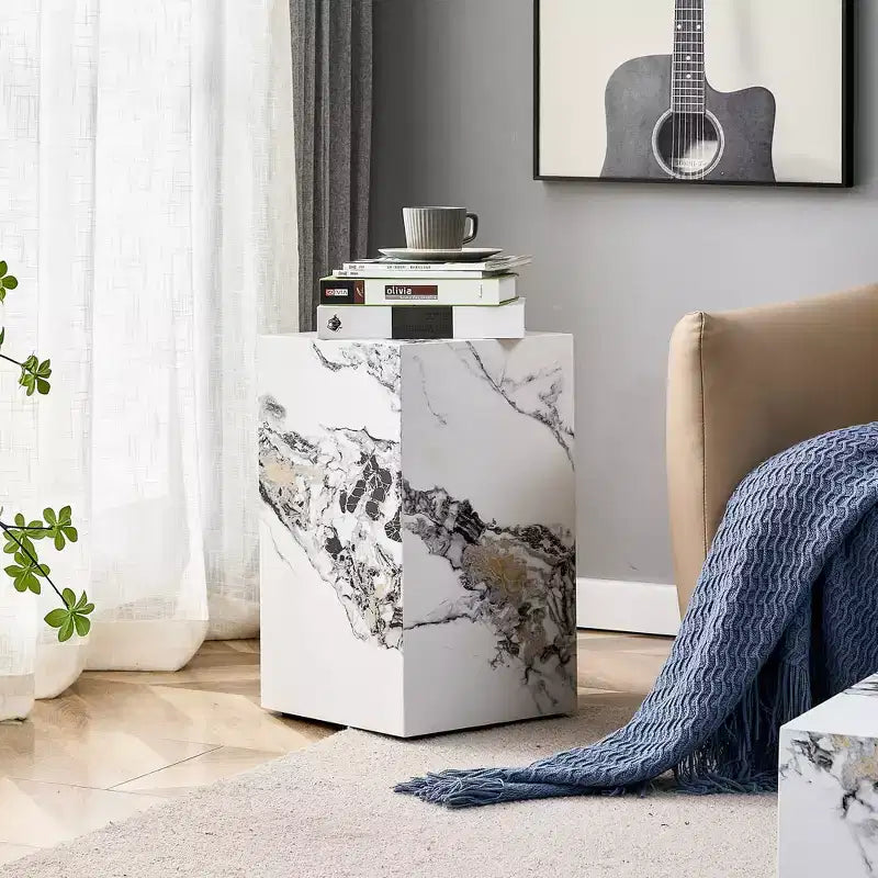Tavolino Rotondo con Piano Effetto Marmo Bianco, Base a Piedistallo, per 1 Persona