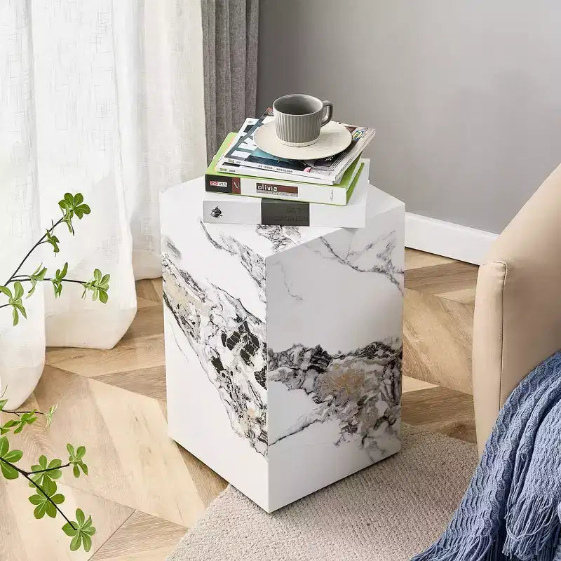 Tavolino Rotondo con Piano Effetto Marmo Bianco, Base a Piedistallo, per 1 Persona