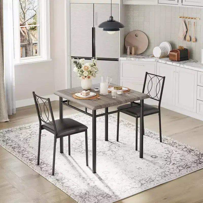Tavolo da pranzo stile rustico marrone/grigio/noce con sedie imbottite, 2 posti