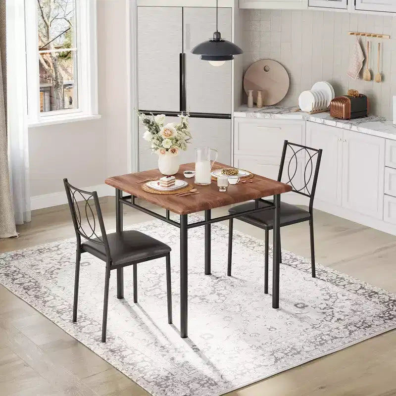 Tavolo da pranzo stile rustico marrone/grigio/noce con sedie imbottite, 2 posti