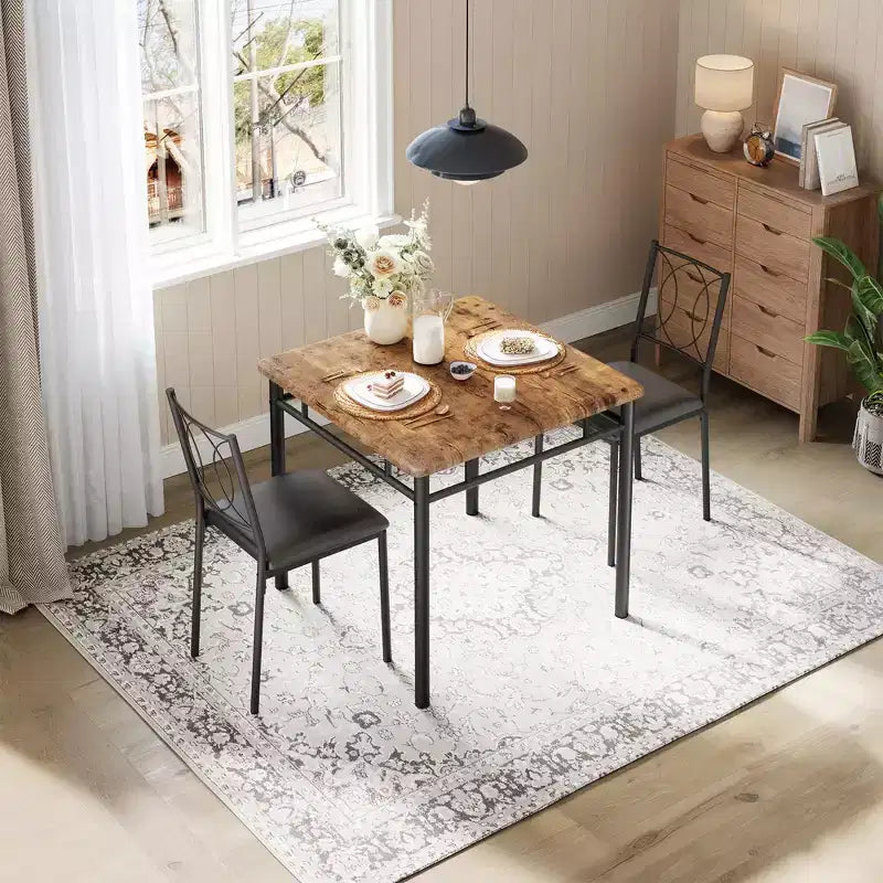 Tavolo da pranzo stile rustico marrone/grigio/noce con sedie imbottite, 2 posti