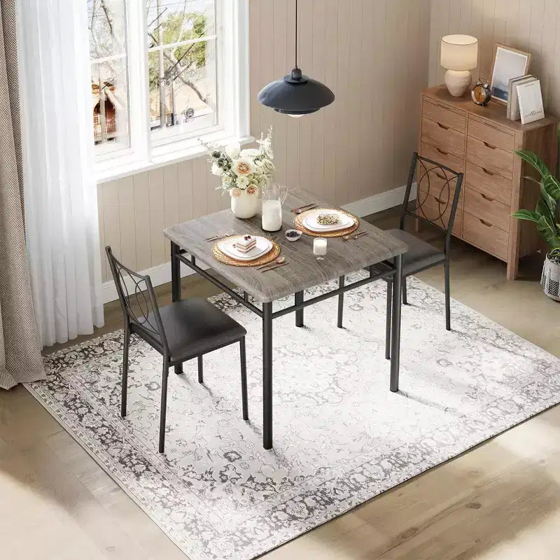 Tavolo da pranzo stile rustico marrone/grigio/noce con sedie imbottite, 2 posti