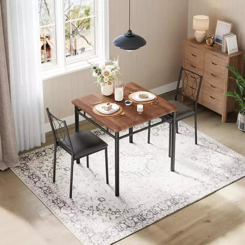 Tavolo da pranzo stile rustico marrone/grigio/noce con sedie imbottite, 2 posti