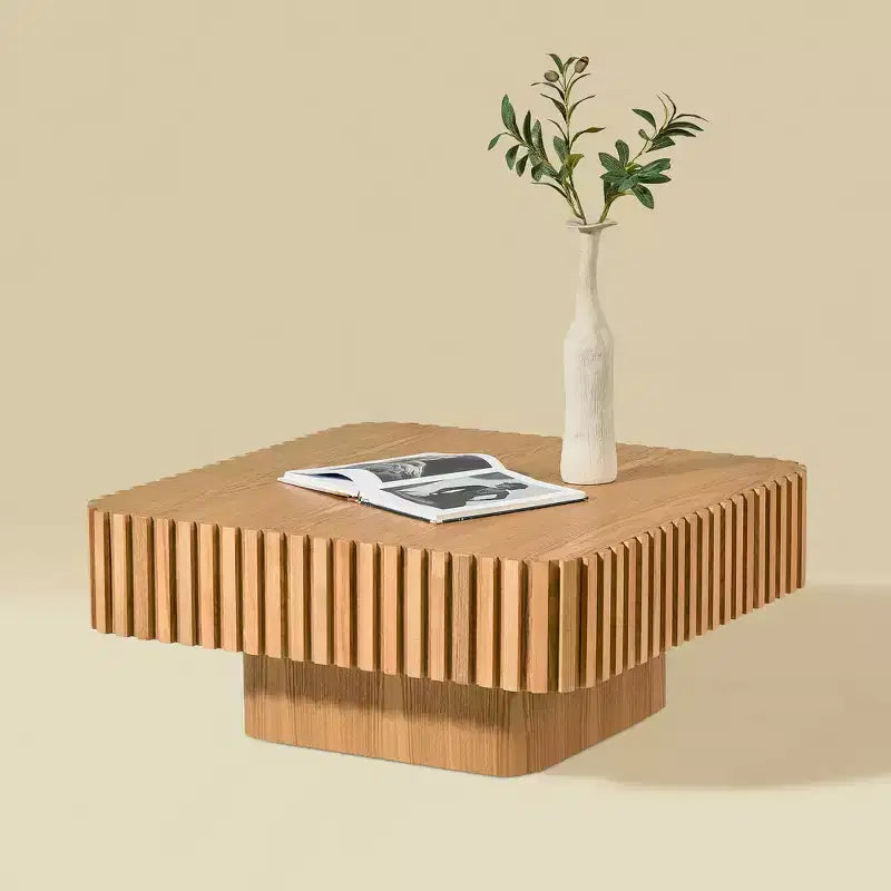 Tavolino da caffè quadrato beige, impiallacciatura in legno naturale, base a piedistallo, 1 pezzo