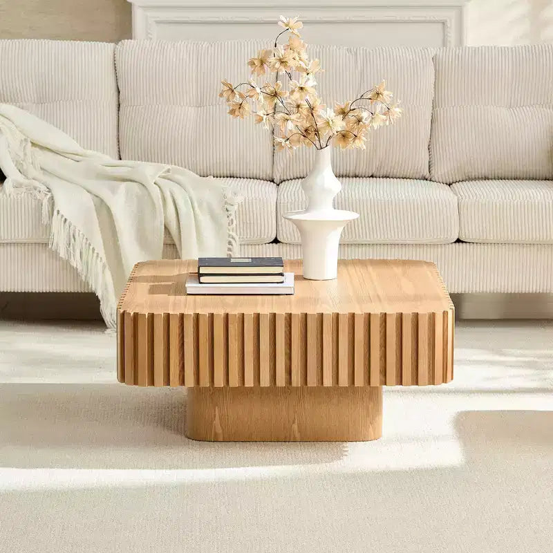 Tavolino da caffè quadrato beige, impiallacciatura in legno naturale, base a piedistallo, 1 pezzo
