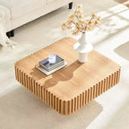 Tavolino da caffè quadrato beige, impiallacciatura in legno naturale, base a piedistallo, 1 pezzo