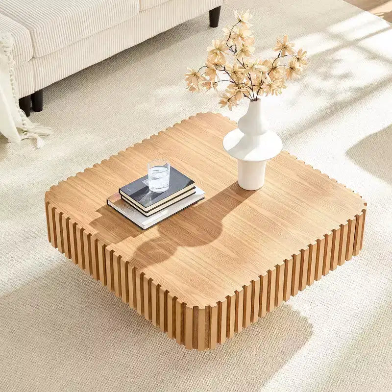 Tavolino da caffè quadrato beige, impiallacciatura in legno naturale, base a piedistallo, 1 pezzo
