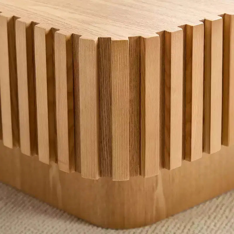 Tavolino da caffè quadrato beige, impiallacciatura in legno naturale, base a piedistallo, 1 pezzo