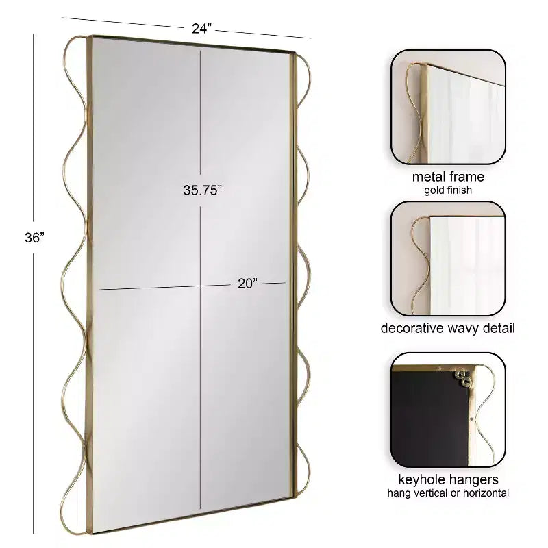 Specchio da parete ondulato dorato, cornice in metallo, singolo, 61x91 cm