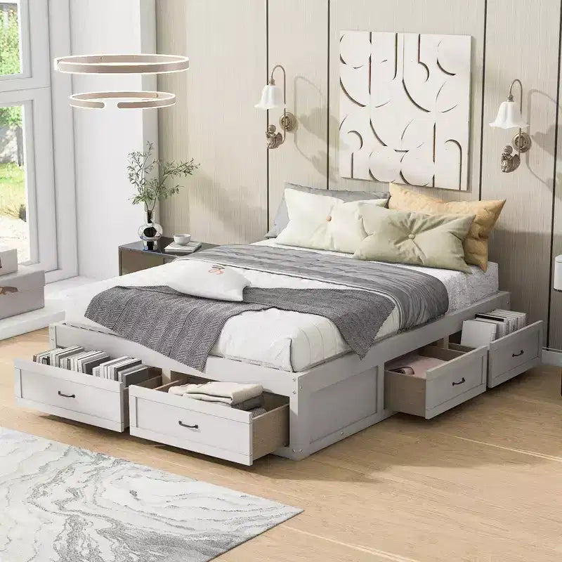 Letto matrimoniale Queen in legno marrone con 6 cassetti, 1 persona