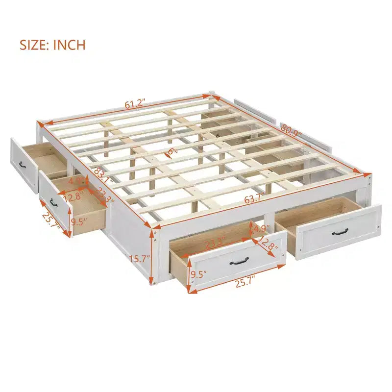 Letto matrimoniale Queen in legno marrone con 6 cassetti, 1 persona