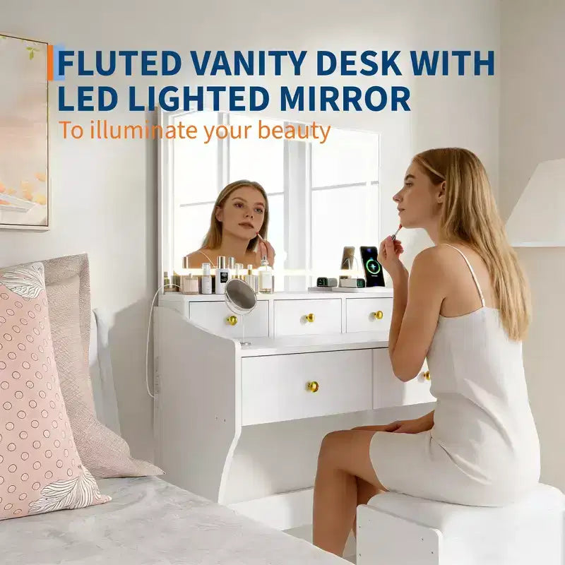 Set toeletta con specchio illuminato e sgabello, bianco/nero, 1 persona