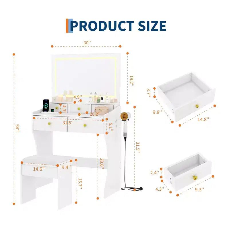 Set toeletta con specchio illuminato e sgabello, bianco/nero, 1 persona