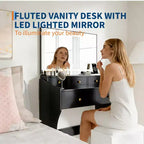 Set toeletta con specchio illuminato e sgabello, bianco/nero, 1 persona