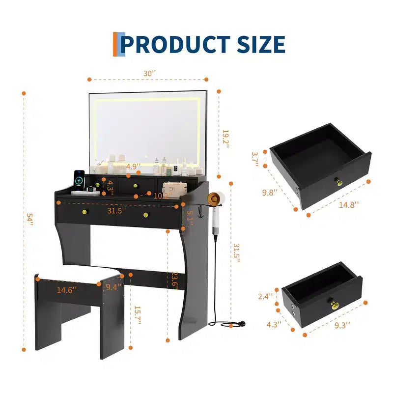 Set toeletta con specchio illuminato e sgabello, bianco/nero, 1 persona