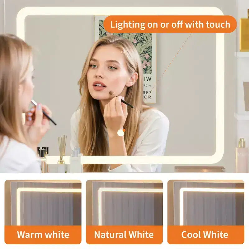 Set toeletta con specchio illuminato e sgabello, bianco/nero, 1 persona